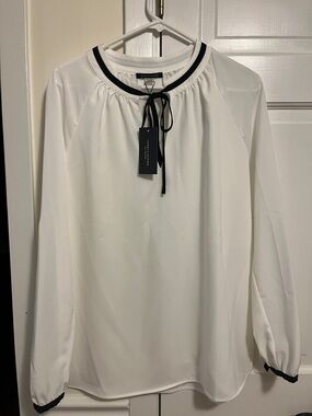 Tommy Hilfiger White Blouse with Black Trim and Tie Neck